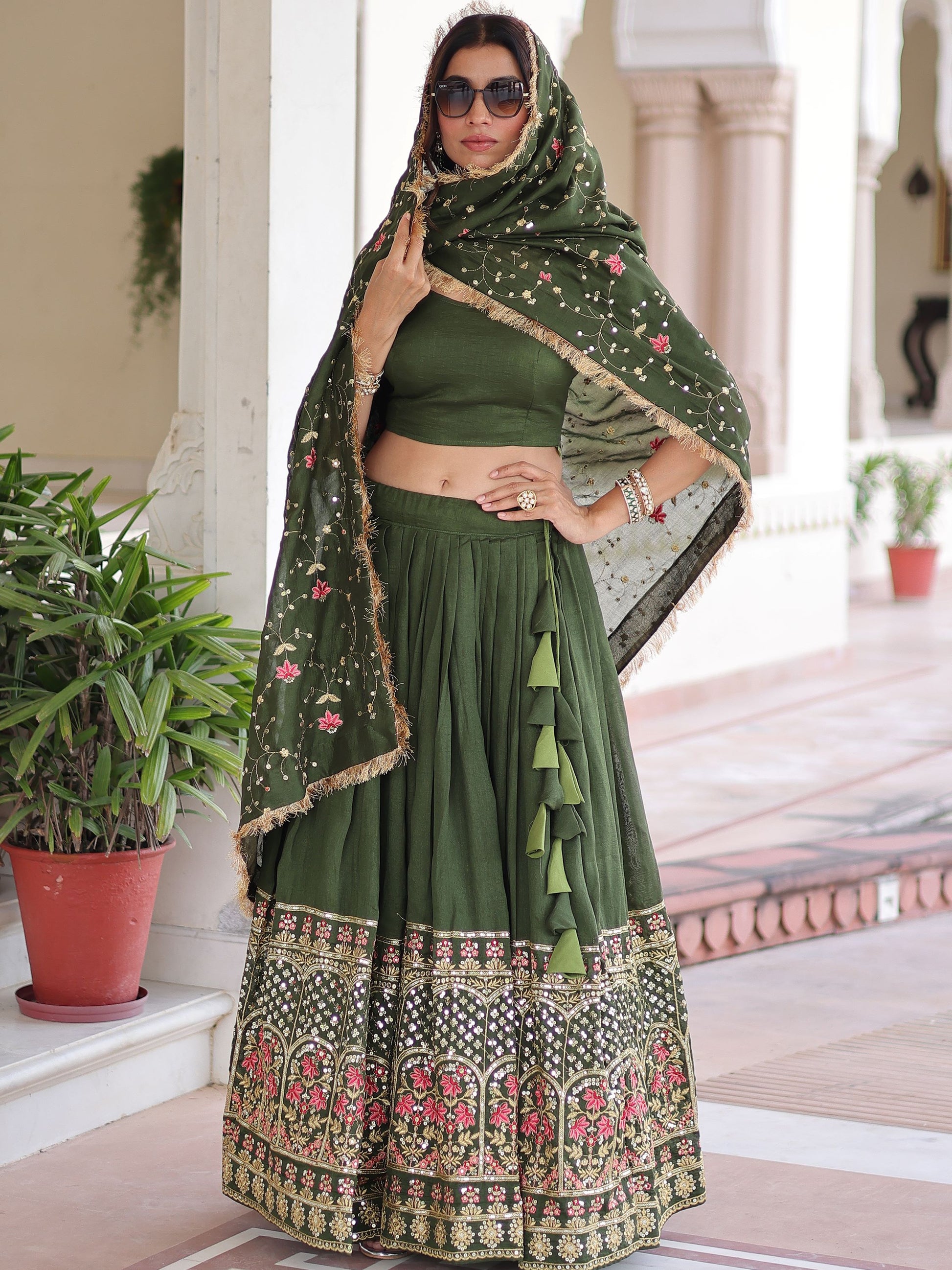 Captivating Green Thread Embroidered Silk Mehendi Wear Lehenga Choli With Dupatta