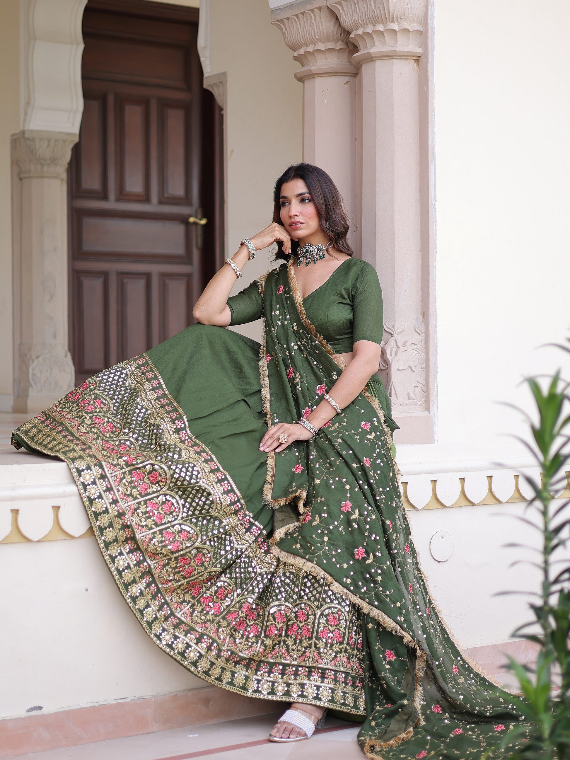 Captivating Green Thread Embroidered Silk Mehendi Wear Lehenga Choli With Dupatta