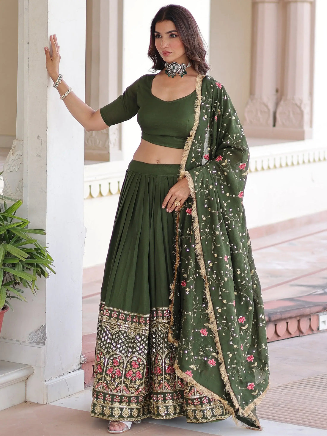 Captivating Green Thread Embroidered Silk Mehendi Wear Lehenga Choli With Dupatta