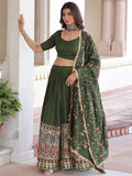 Captivating Green Thread Embroidered Silk Mehendi Wear Lehenga Choli With Dupatta