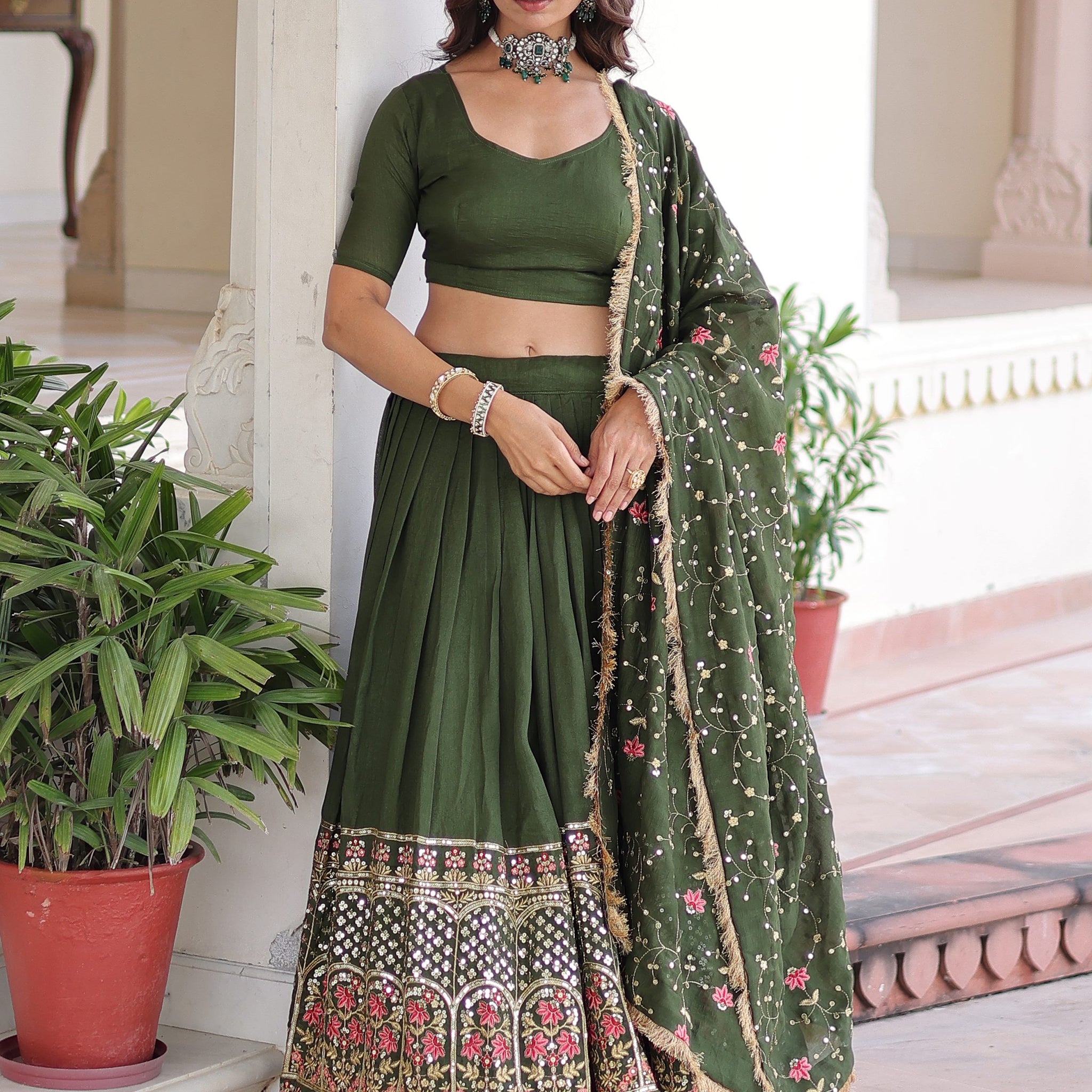 Captivating Green Thread Embroidered Silk Mehendi Wear Lehenga Choli With Dupatta