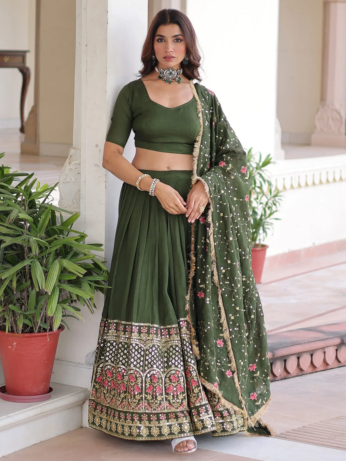 Captivating Green Thread Embroidered Silk Mehendi Wear Lehenga Choli With Dupatta