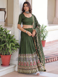 Captivating Green Thread Embroidered Silk Mehendi Wear Lehenga Choli With Dupatta