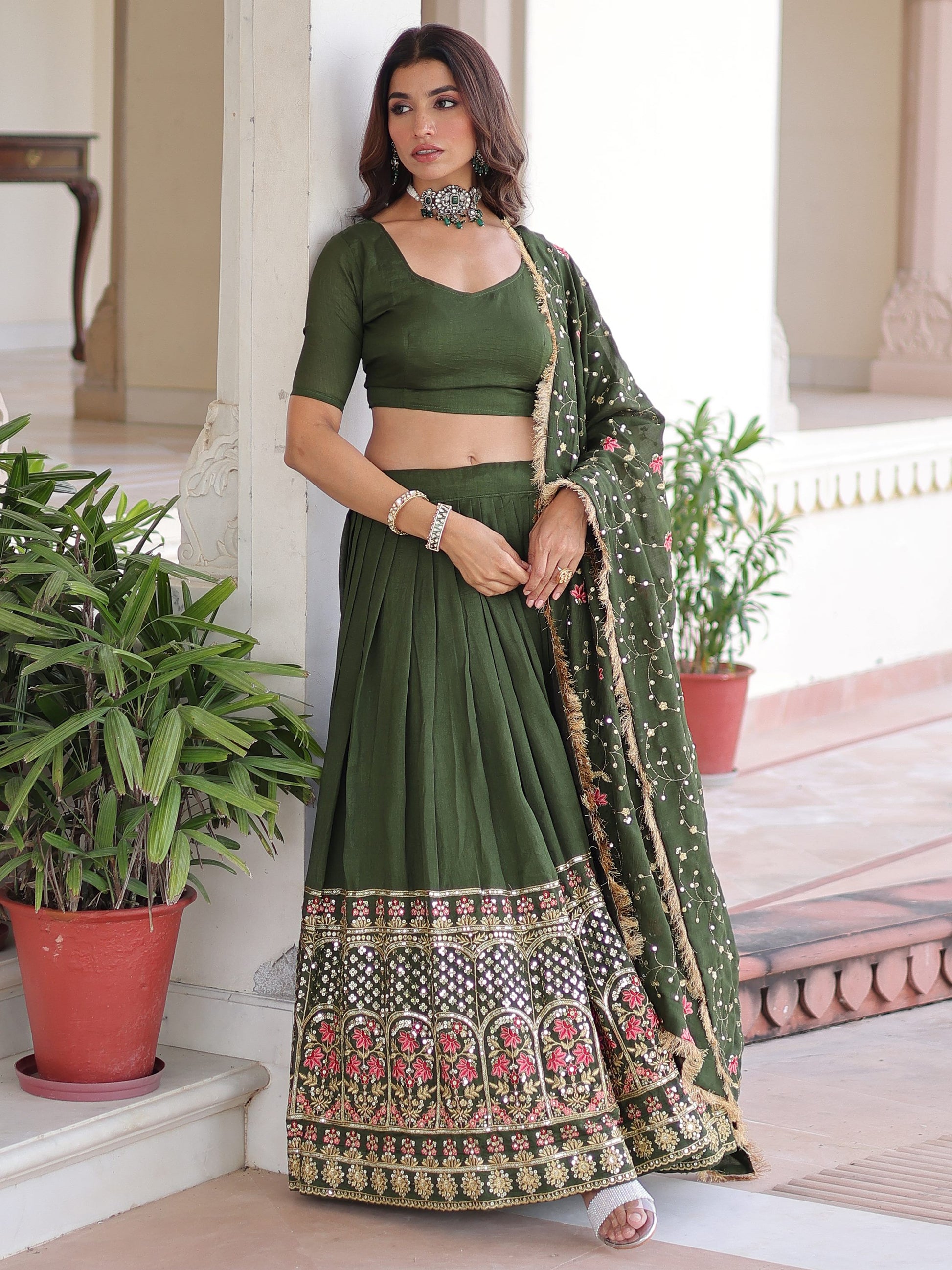 Captivating Green Thread Embroidered Silk Mehendi Wear Lehenga Choli With Dupatta