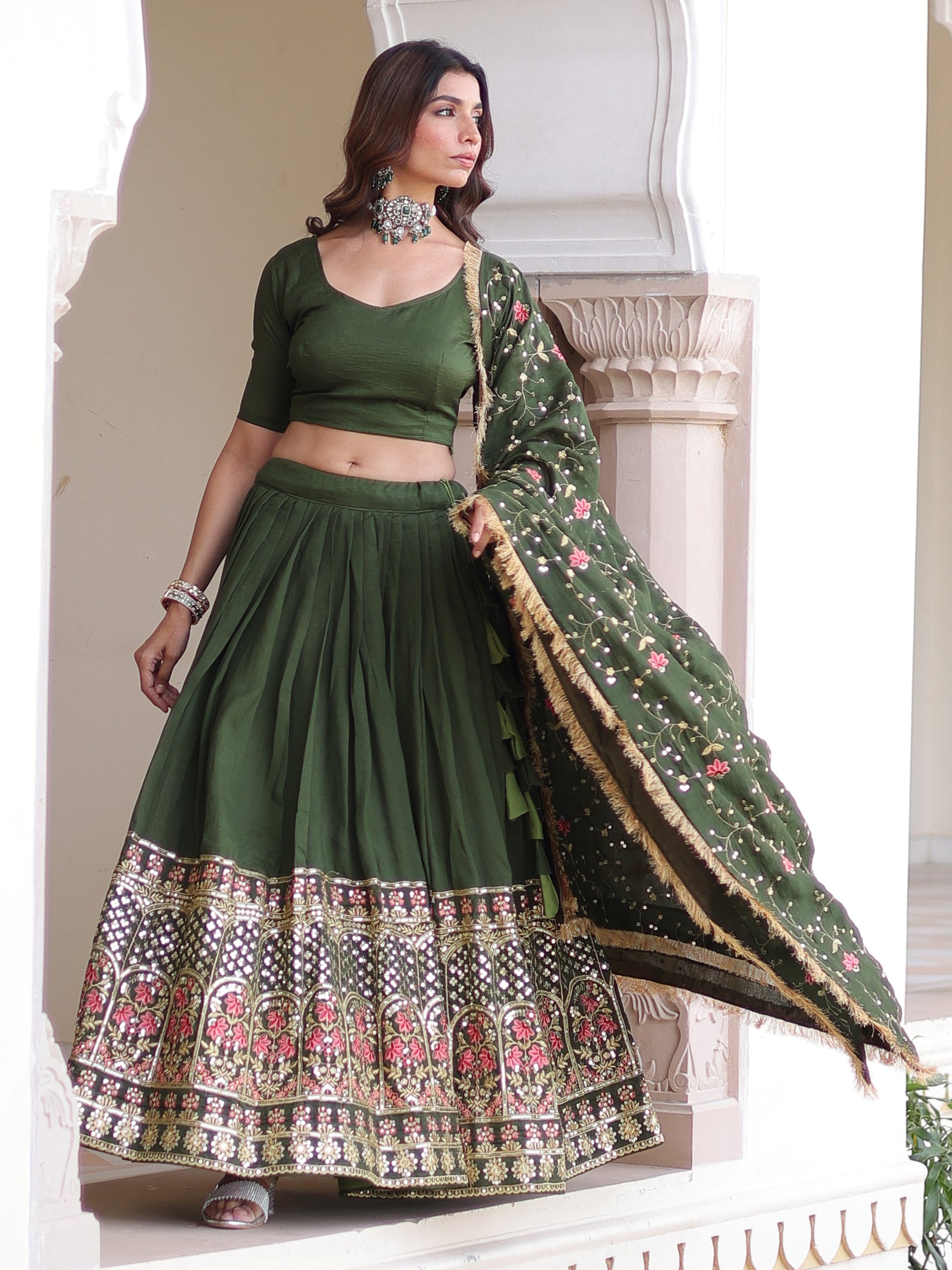 Captivating Green Thread Embroidered Silk Mehendi Wear Lehenga Choli With Dupatta
