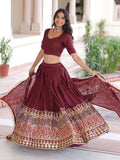 Alluring Maroon Heavy Sequins Silk Function Wear Lehenga Choli With Dupatta