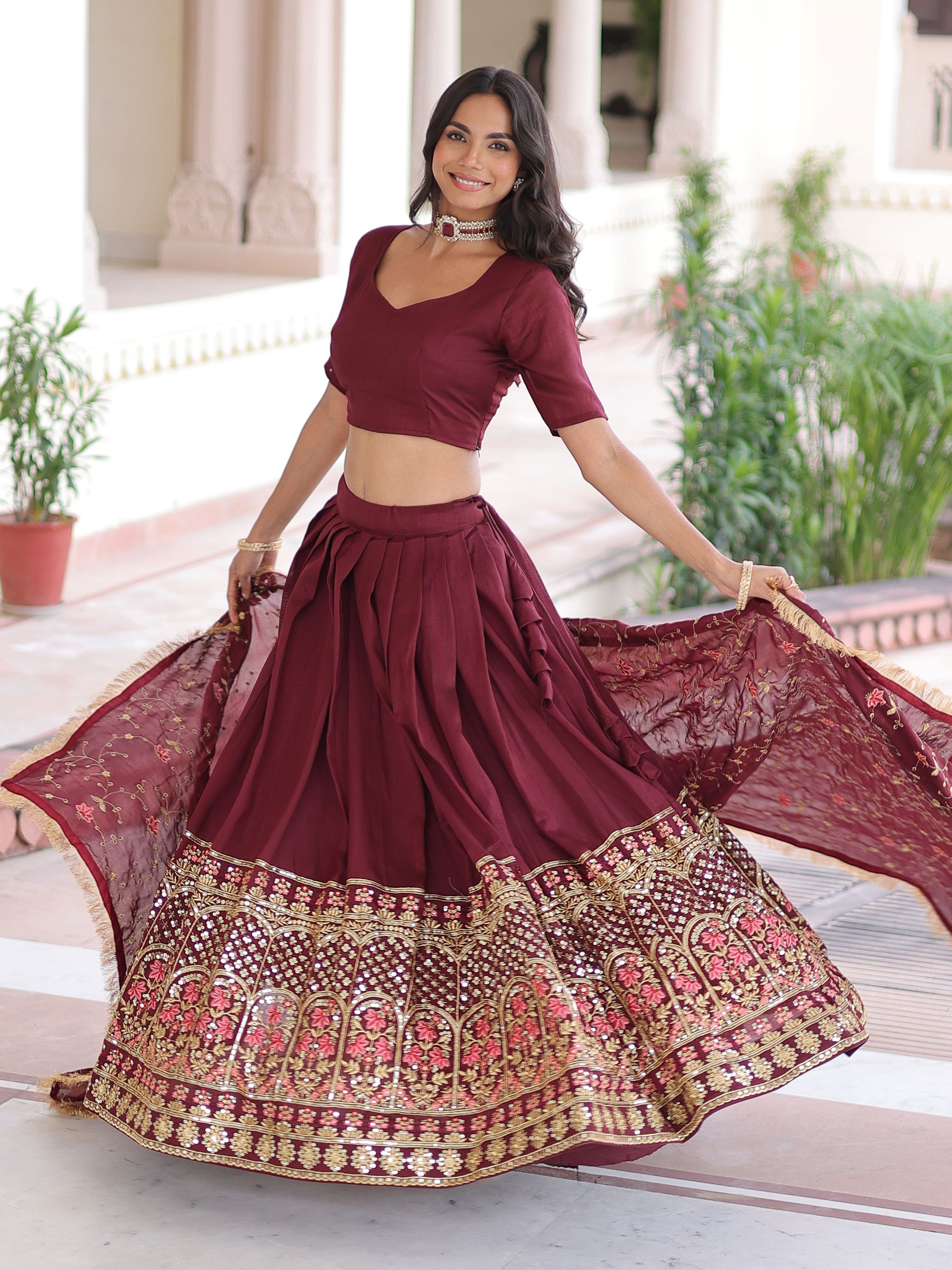 Alluring Maroon Heavy Sequins Silk Function Wear Lehenga Choli With Dupatta