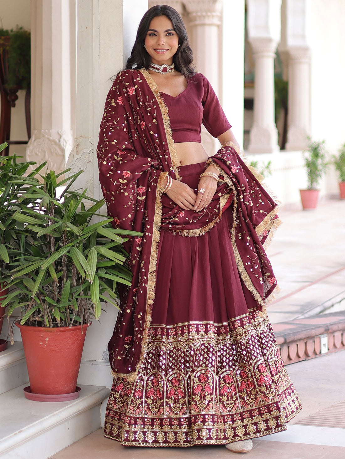 Alluring Maroon Heavy Sequins Silk Function Wear Lehenga Choli With Dupatta