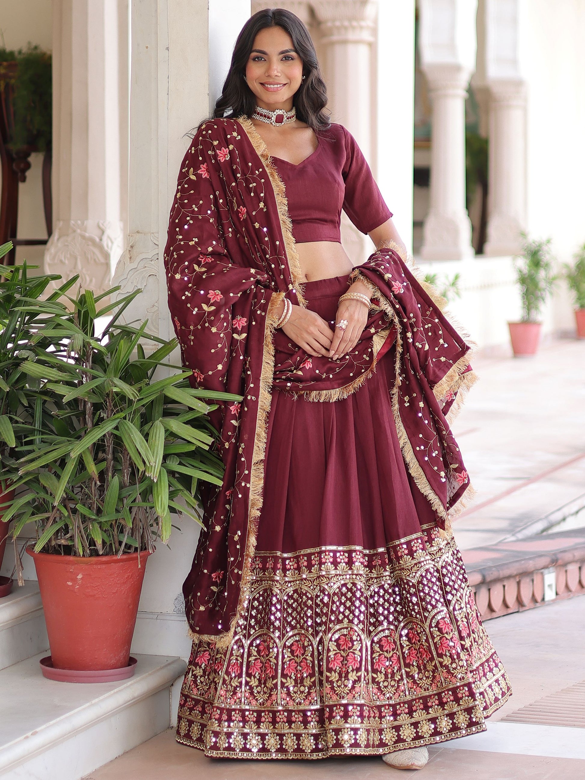 Alluring Maroon Heavy Sequins Silk Function Wear Lehenga Choli With Dupatta