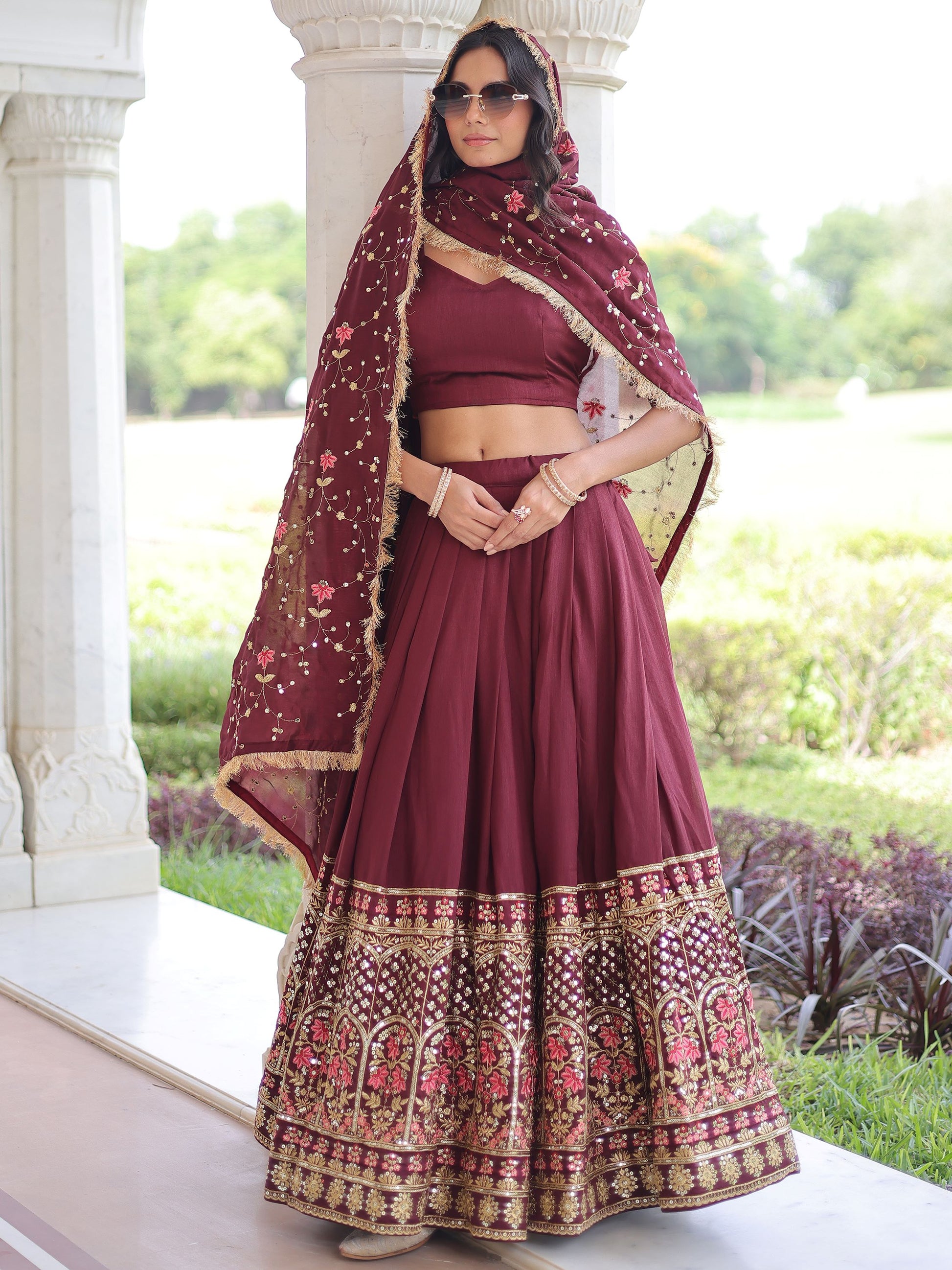 Alluring Maroon Heavy Sequins Silk Function Wear Lehenga Choli With Dupatta