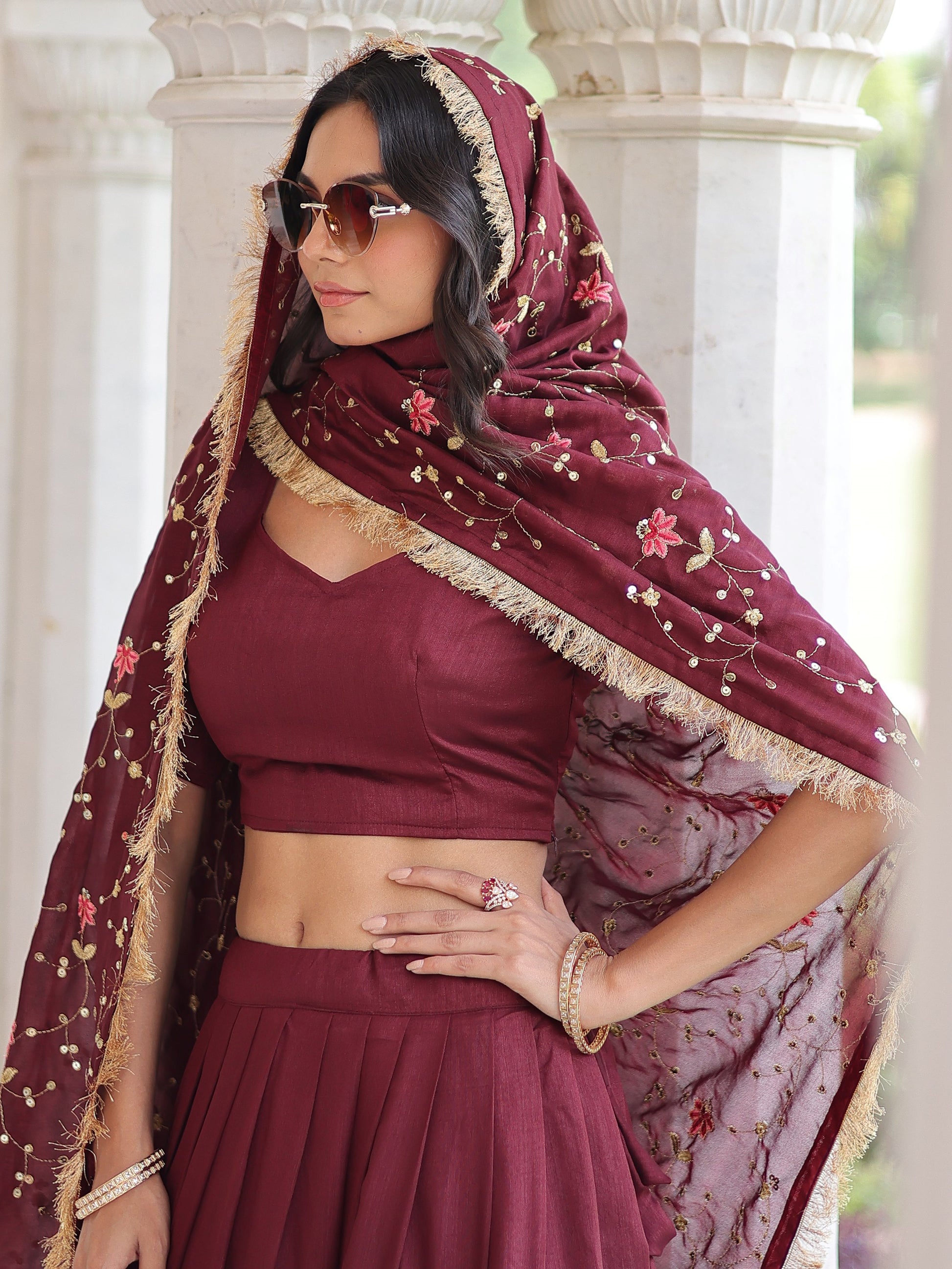 Alluring Maroon Heavy Sequins Silk Function Wear Lehenga Choli With Dupatta