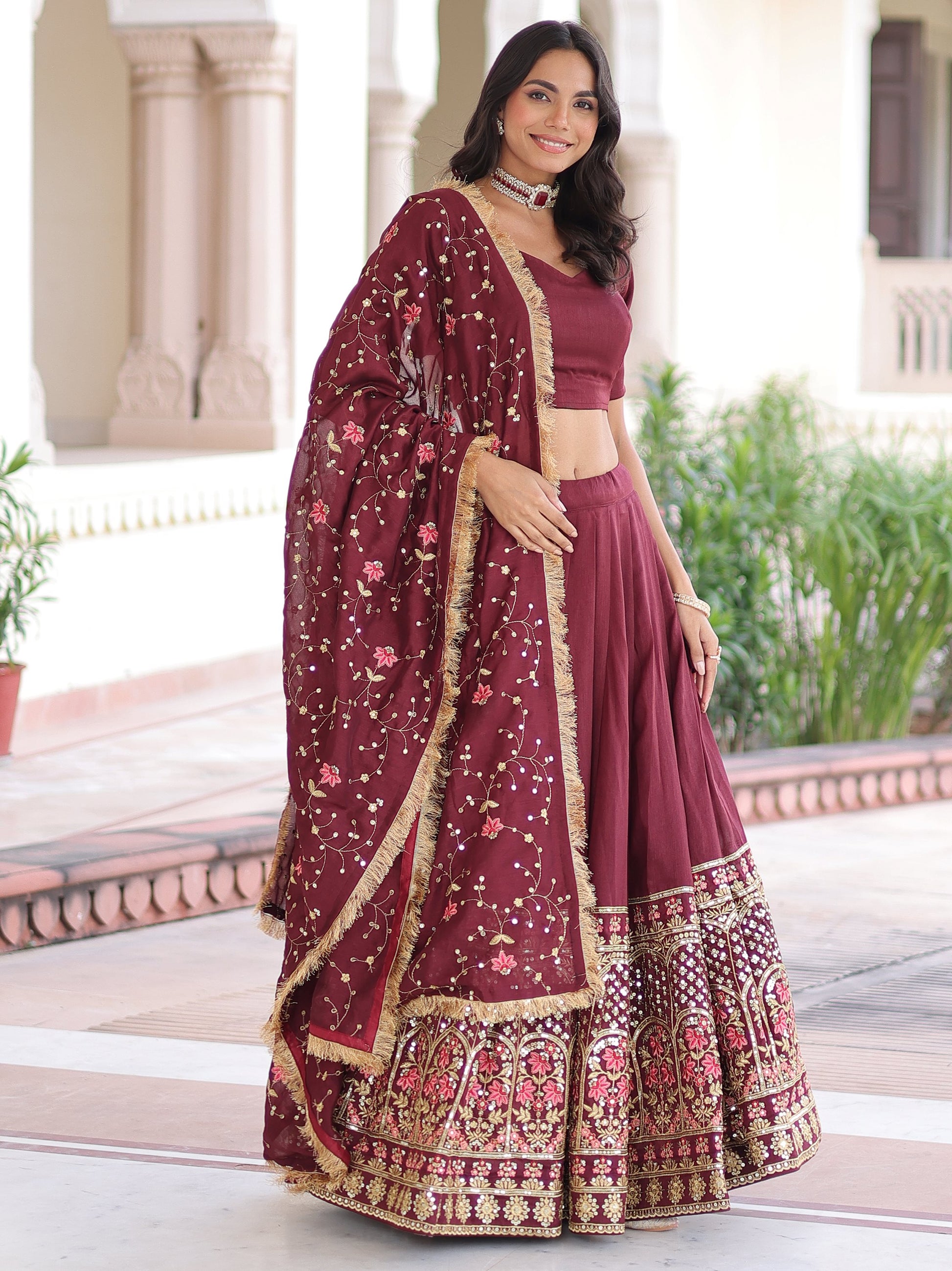 Alluring Maroon Heavy Sequins Silk Function Wear Lehenga Choli With Dupatta