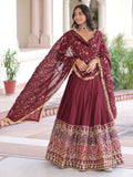 Alluring Maroon Heavy Sequins Silk Function Wear Lehenga Choli With Dupatta