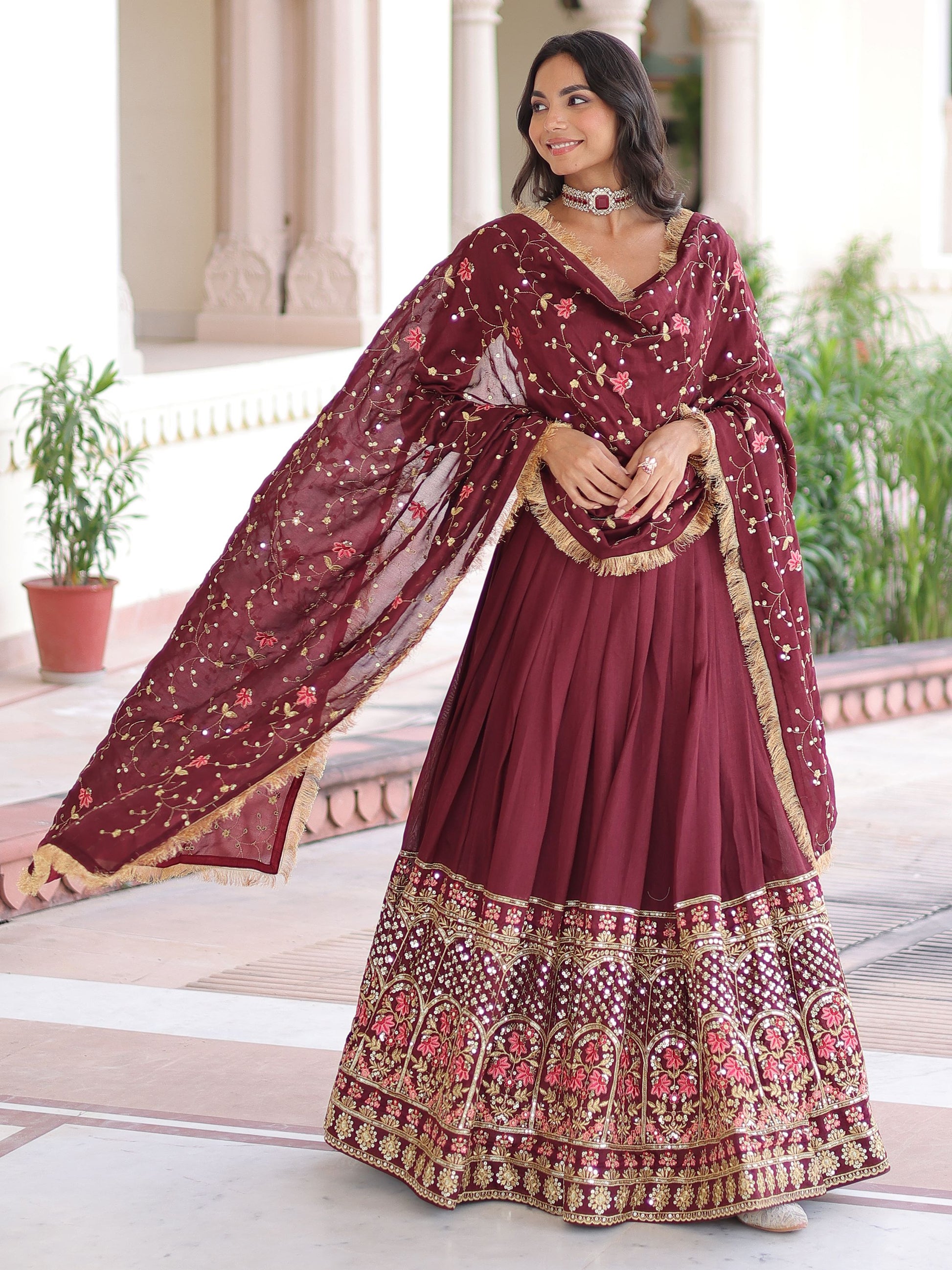 Alluring Maroon Heavy Sequins Silk Function Wear Lehenga Choli With Dupatta