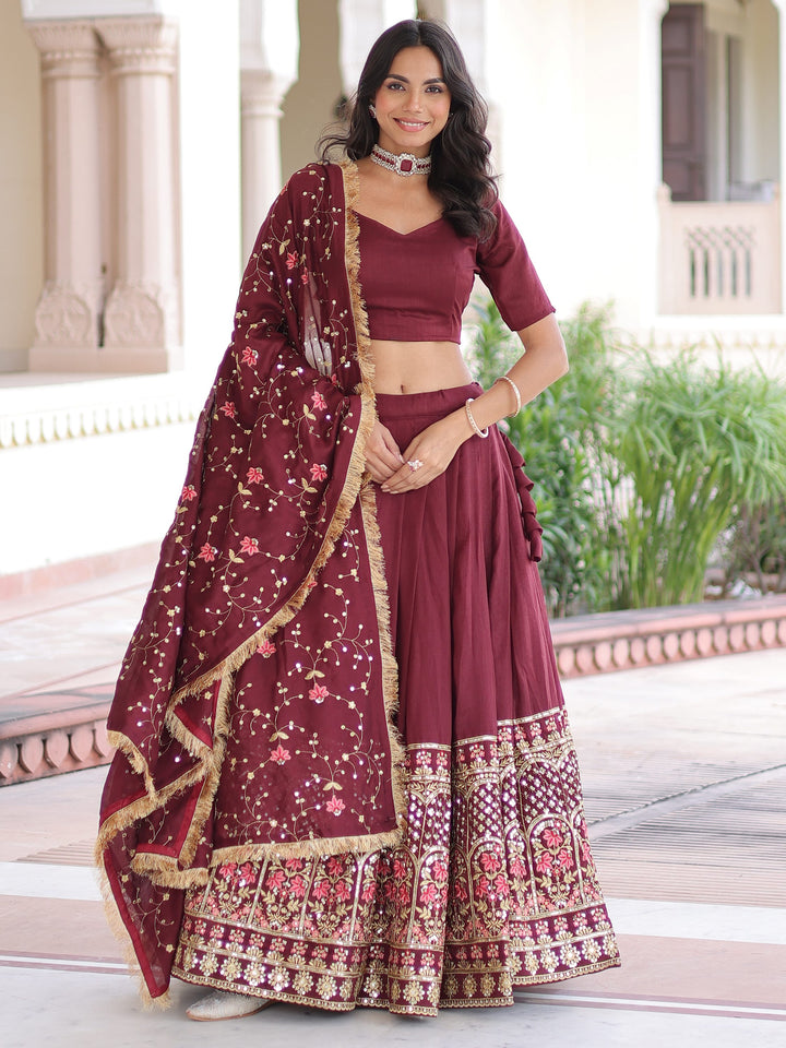 Alluring Maroon Heavy Sequins Silk Function Wear Lehenga Choli With Dupatta
