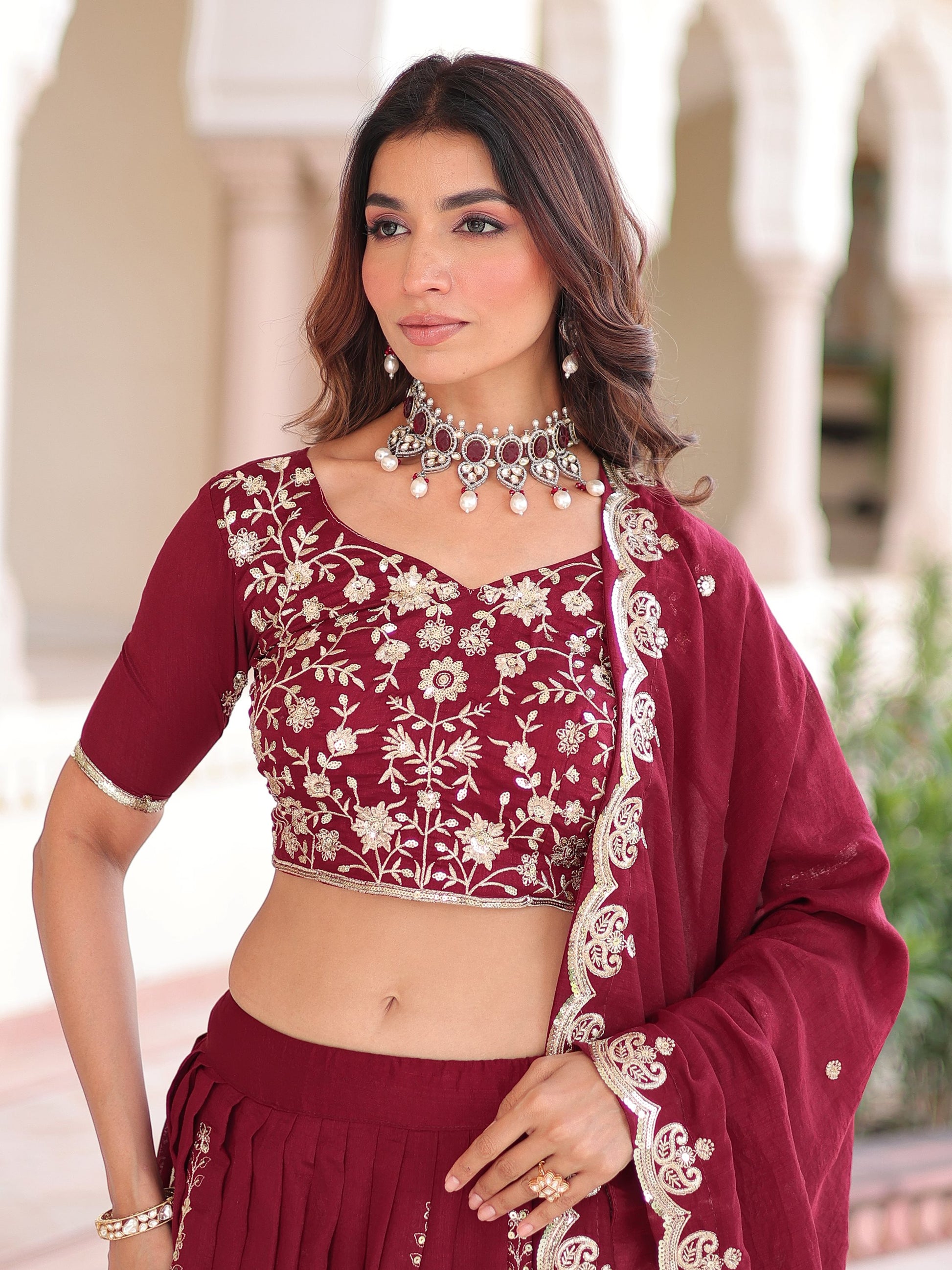 Adorable Maroon Sequins Silk Wedding Wear Lehenga Choli With Dupatta