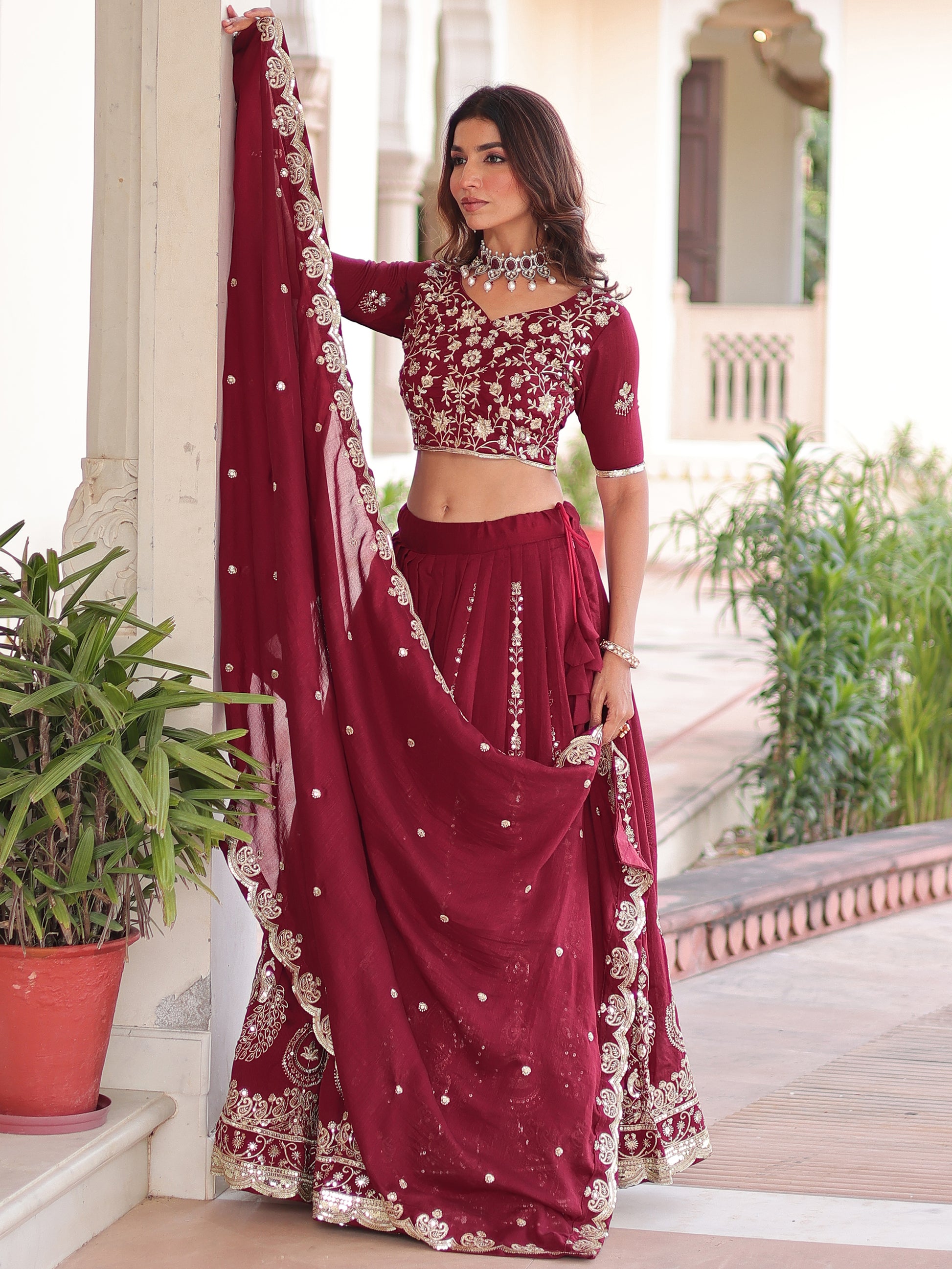 Adorable Maroon Sequins Silk Wedding Wear Lehenga Choli With Dupatta