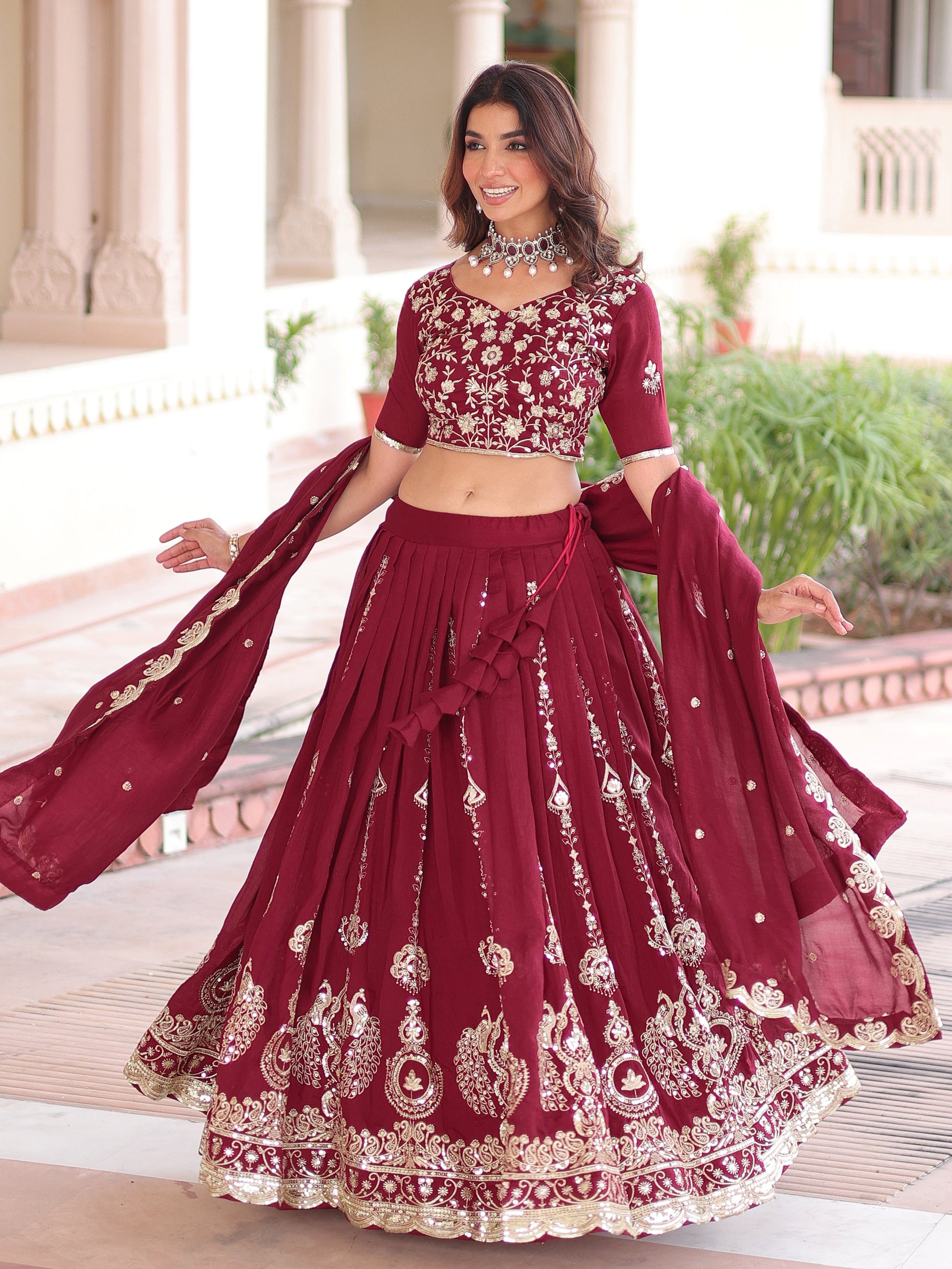Adorable Maroon Sequins Silk Wedding Wear Lehenga Choli With Dupatta