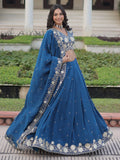Fantastic Teal Blue Sequins Embroidery Silk Engagement Wear Lehenga Choli