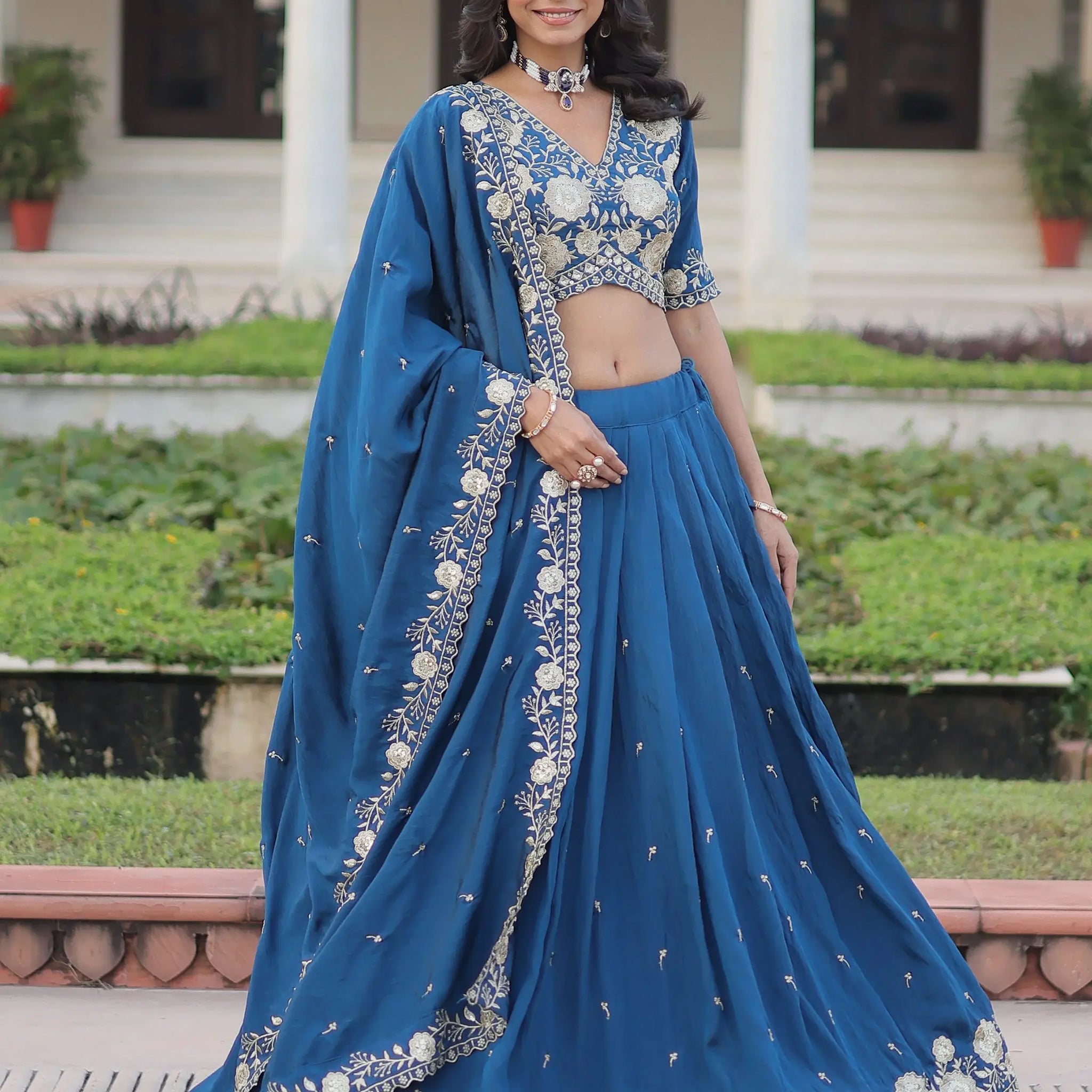 Fantastic Teal Blue Sequins Embroidery Silk Engagement Wear Lehenga Choli