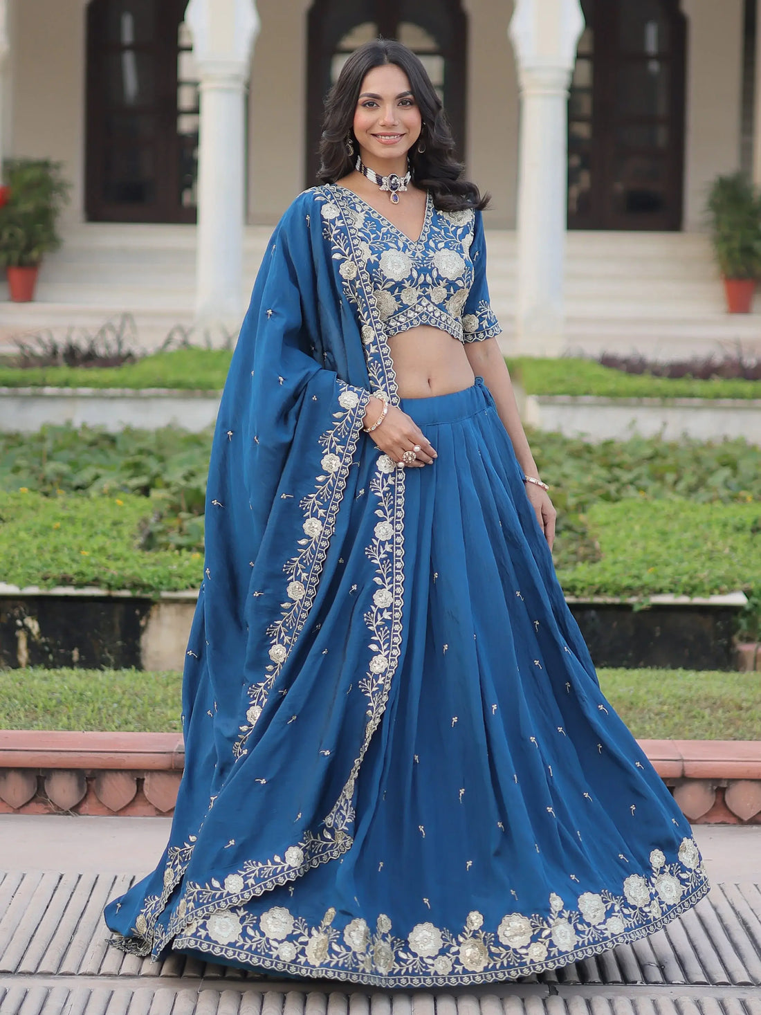 Fantastic Teal Blue Sequins Embroidery Silk Engagement Wear Lehenga Choli
