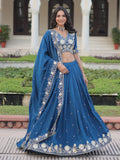 Fantastic Teal Blue Sequins Embroidery Silk Engagement Wear Lehenga Choli