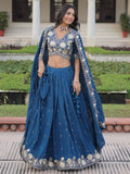 Fantastic Teal Blue Sequins Embroidery Silk Engagement Wear Lehenga Choli