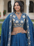 Fantastic Teal Blue Sequins Embroidery Silk Engagement Wear Lehenga Choli