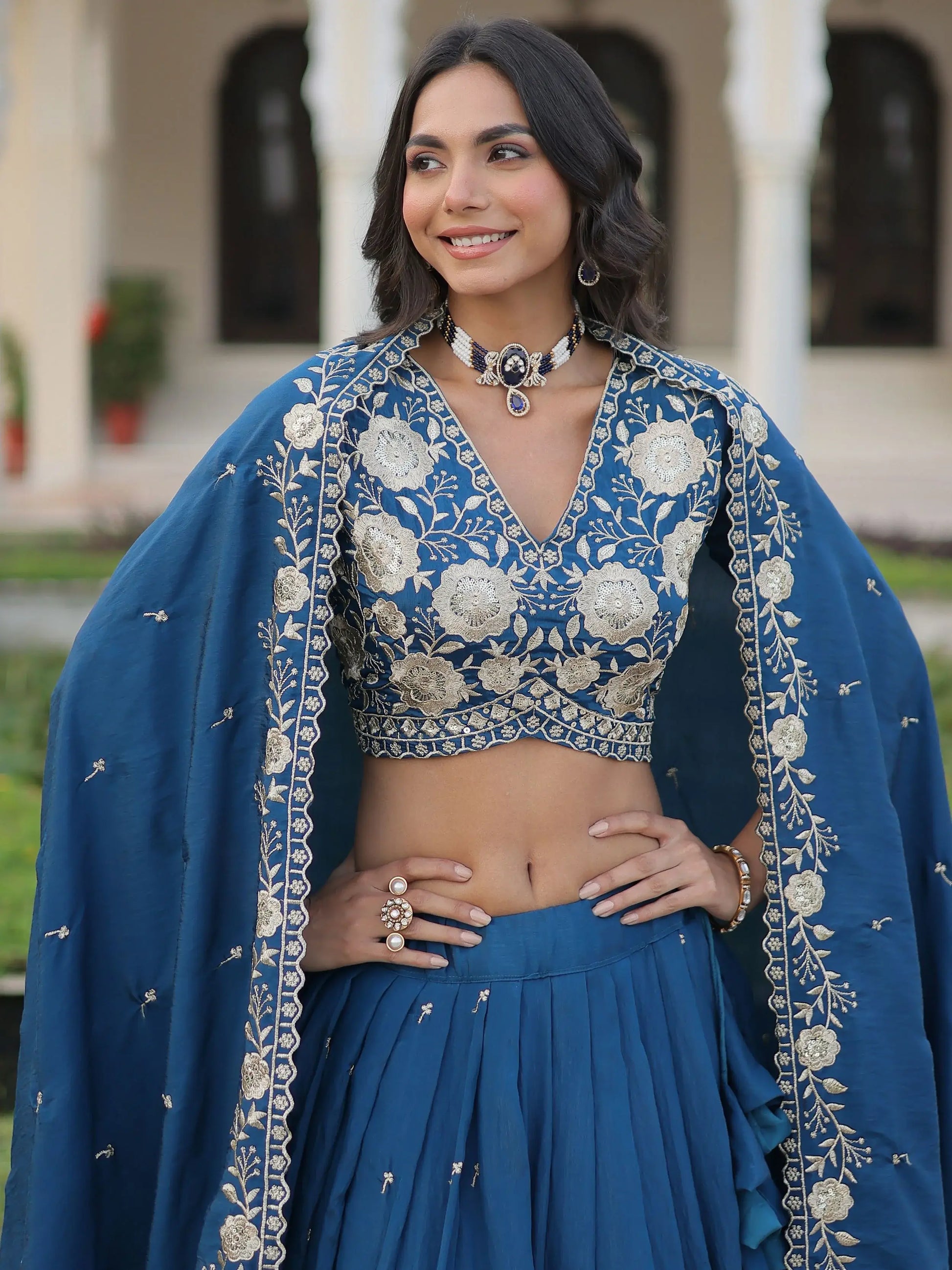 Fantastic Teal Blue Sequins Embroidery Silk Engagement Wear Lehenga Choli