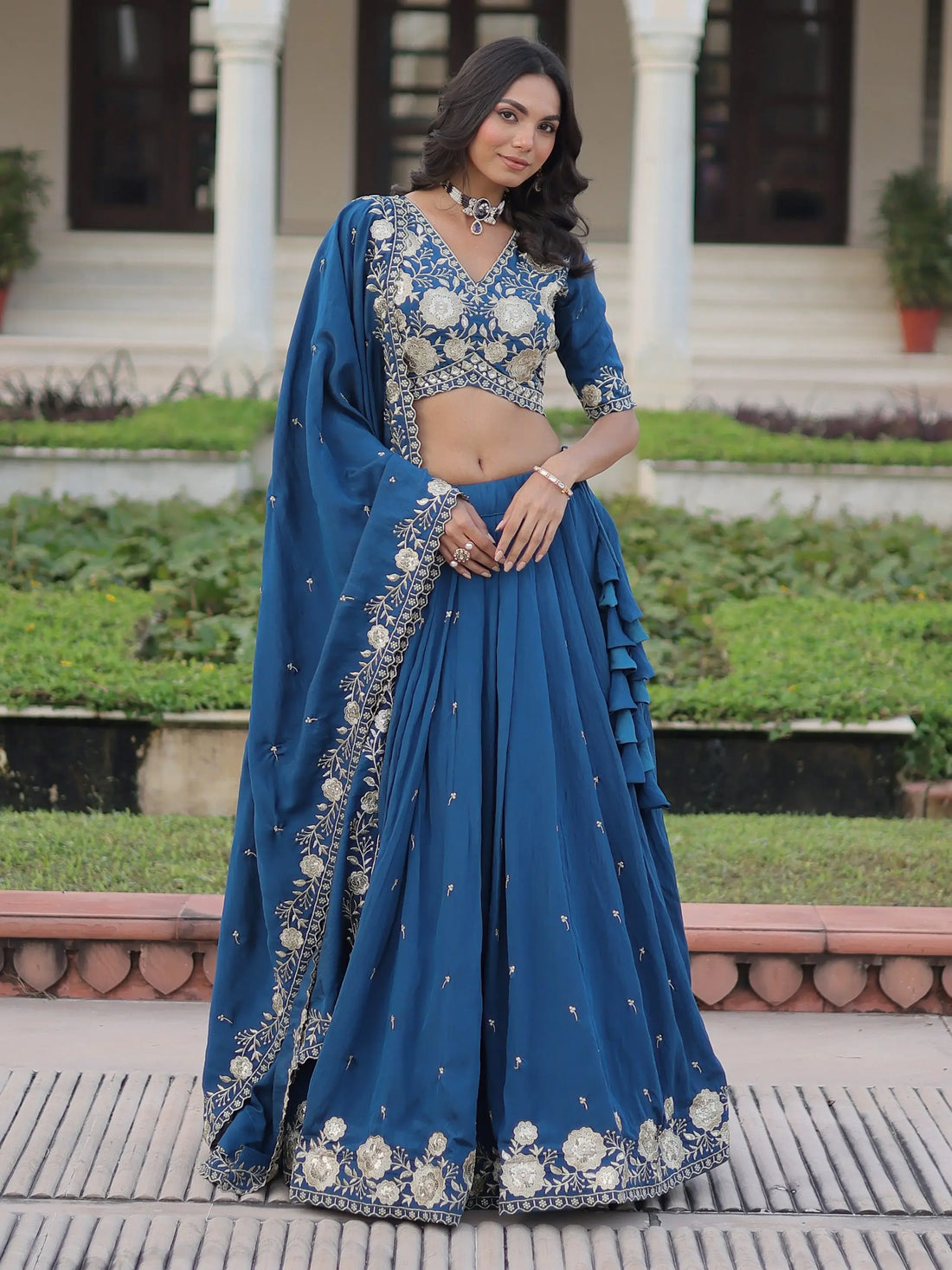 Fantastic Teal Blue Sequins Embroidery Silk Engagement Wear Lehenga Choli