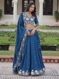 Fantastic Teal Blue Sequins Embroidery Silk Engagement Wear Lehenga Choli