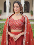 Wonderful Red Thread Work Silk Wedding Wear Lehenga Choli With Dupatta