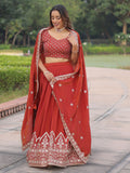 Wonderful Red Thread Work Silk Wedding Wear Lehenga Choli With Dupatta