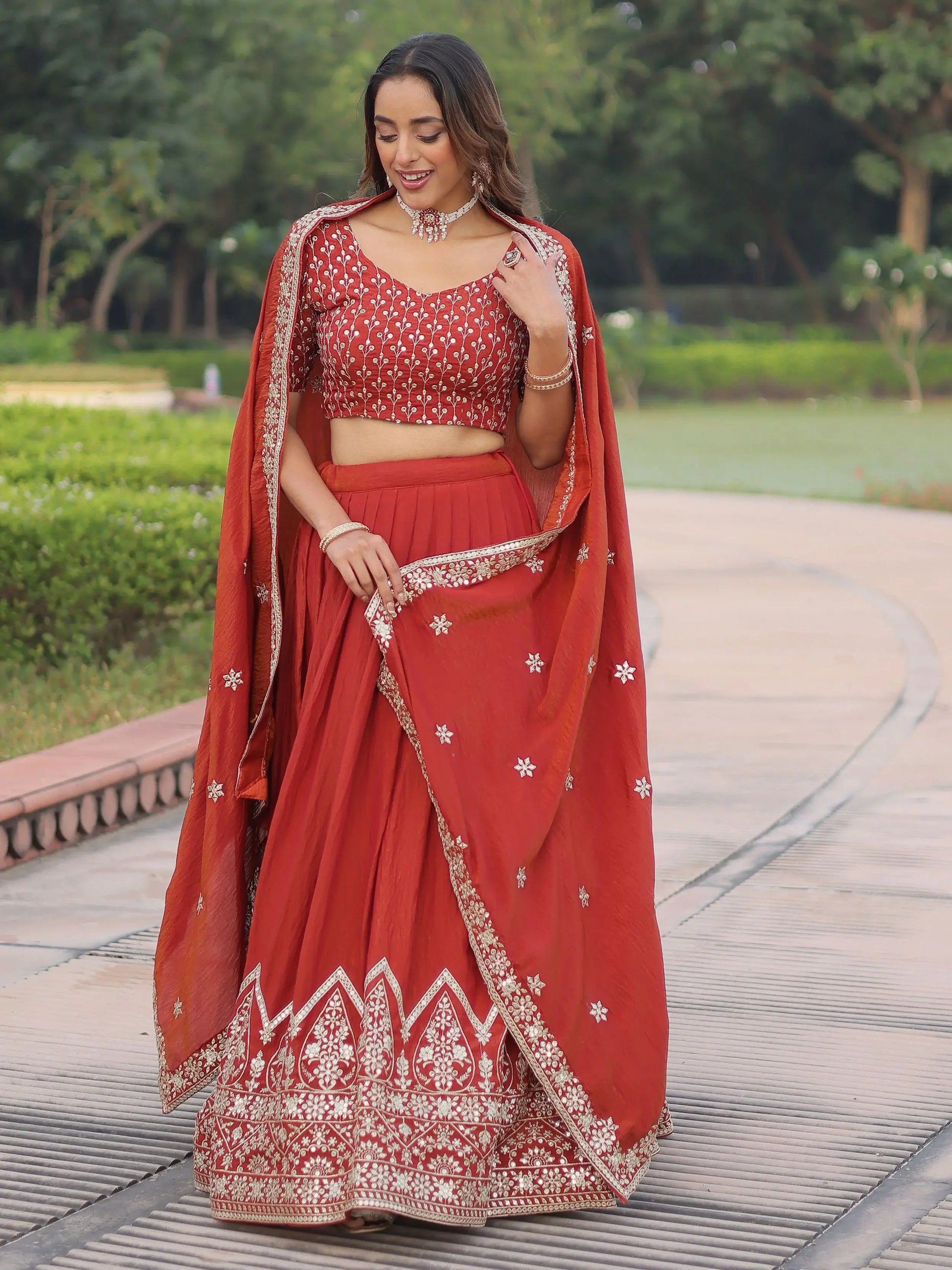 Wonderful Red Thread Work Silk Wedding Wear Lehenga Choli With Dupatta