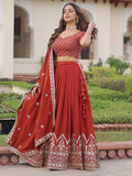 Wonderful Red Thread Work Silk Wedding Wear Lehenga Choli With Dupatta