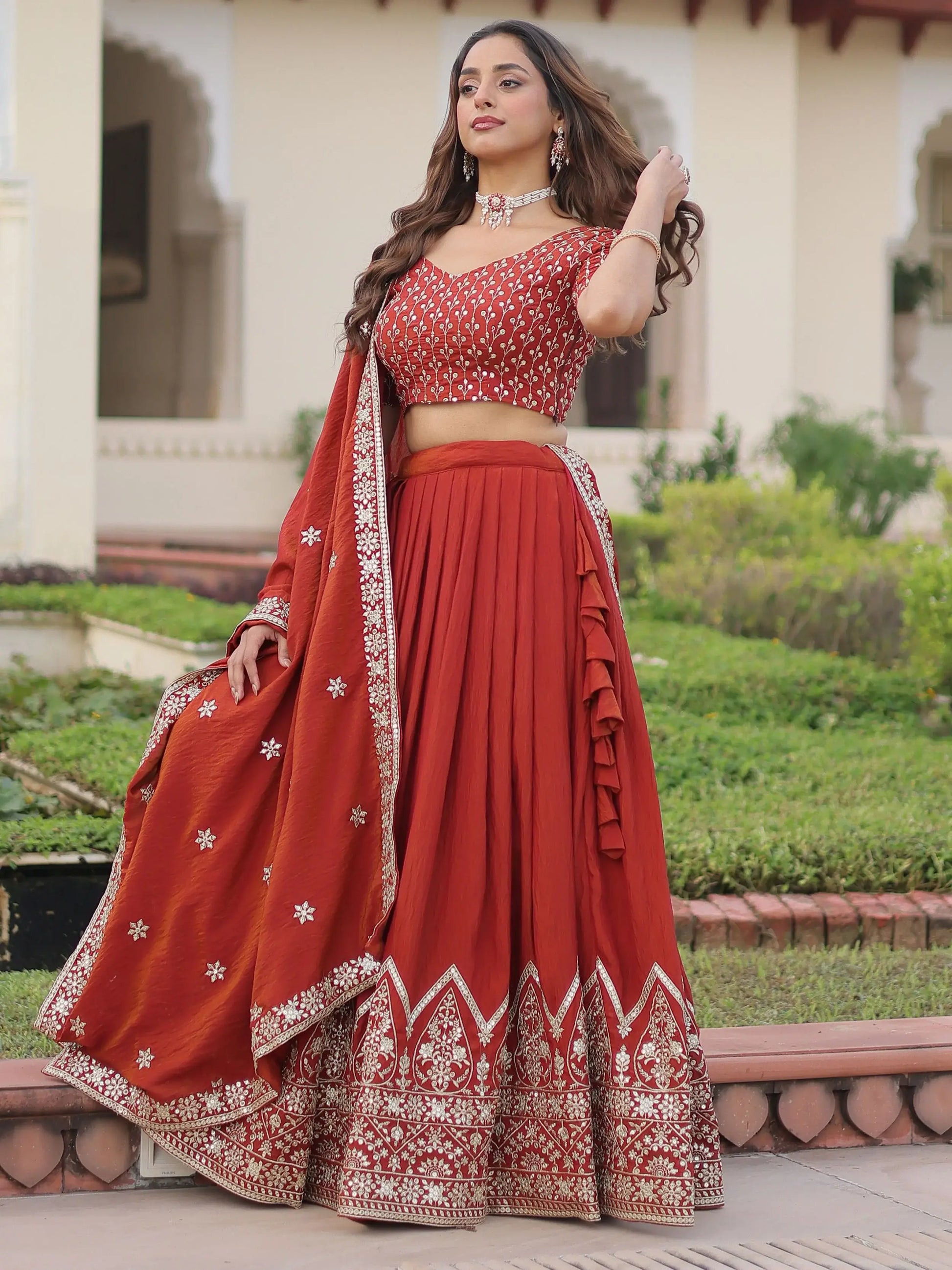 Wonderful Red Thread Work Silk Wedding Wear Lehenga Choli With Dupatta