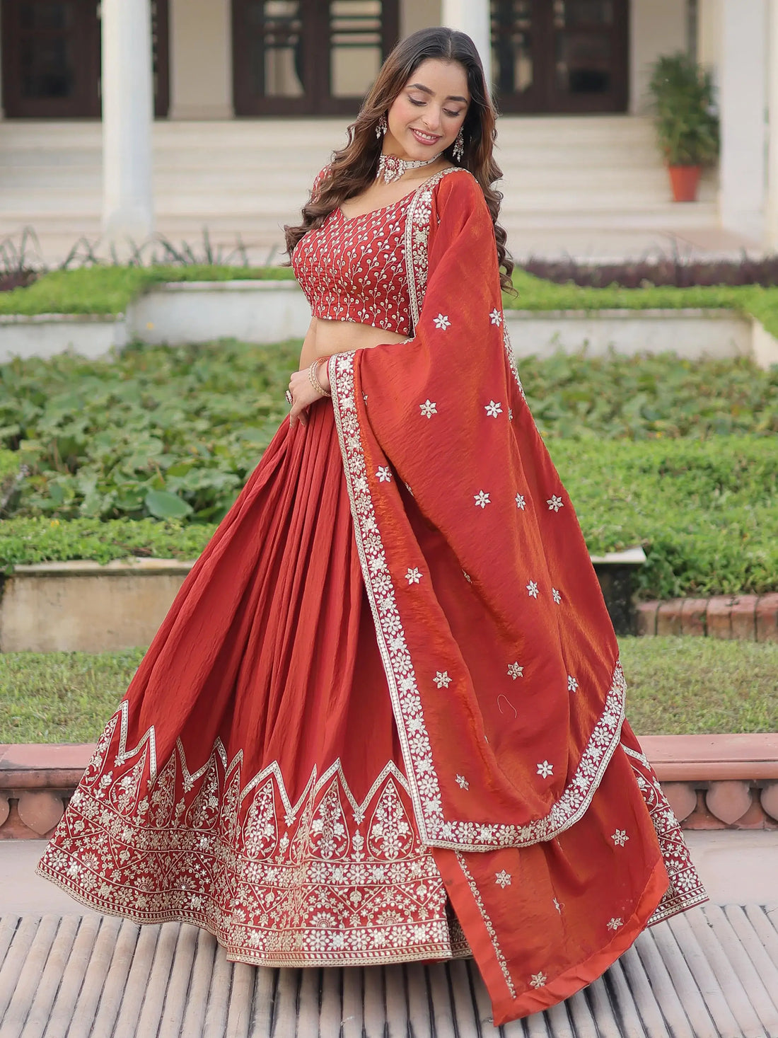 Wonderful Red Thread Work Silk Wedding Wear Lehenga Choli With Dupatta