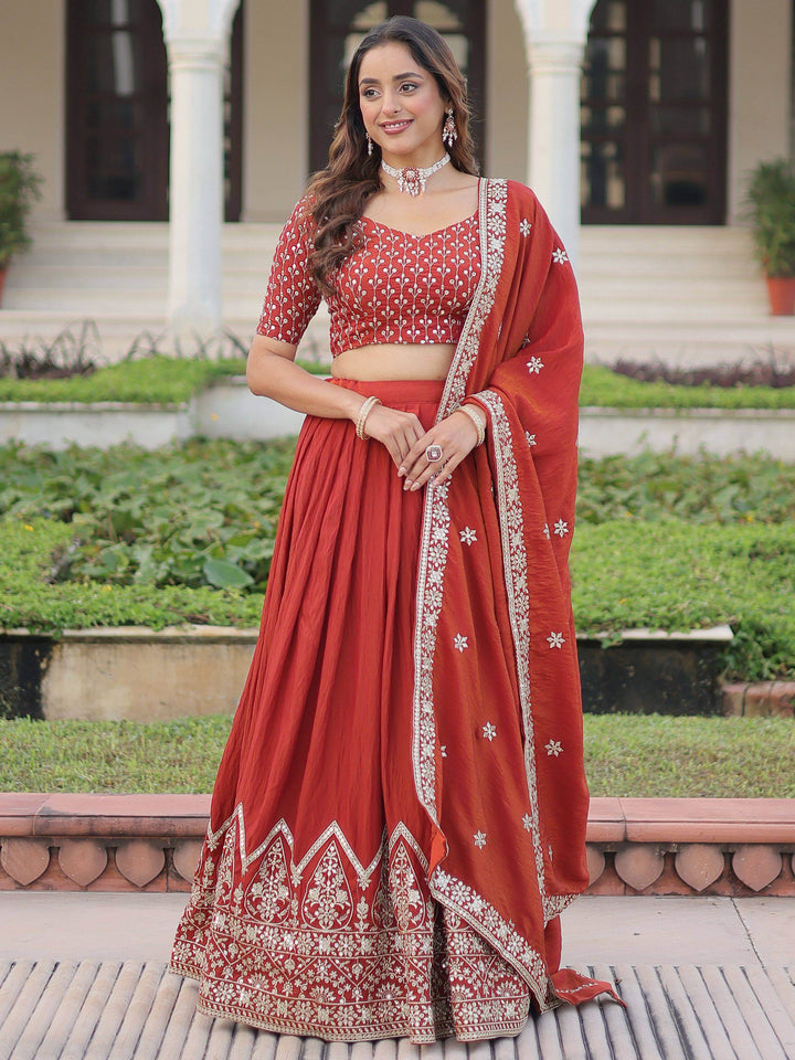Wonderful Red Thread Work Silk Wedding Wear Lehenga Choli With Dupatta