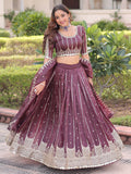 Adorable Brown Sequins Embroidered Crushed Wedding Wear Lehenga With Blouse