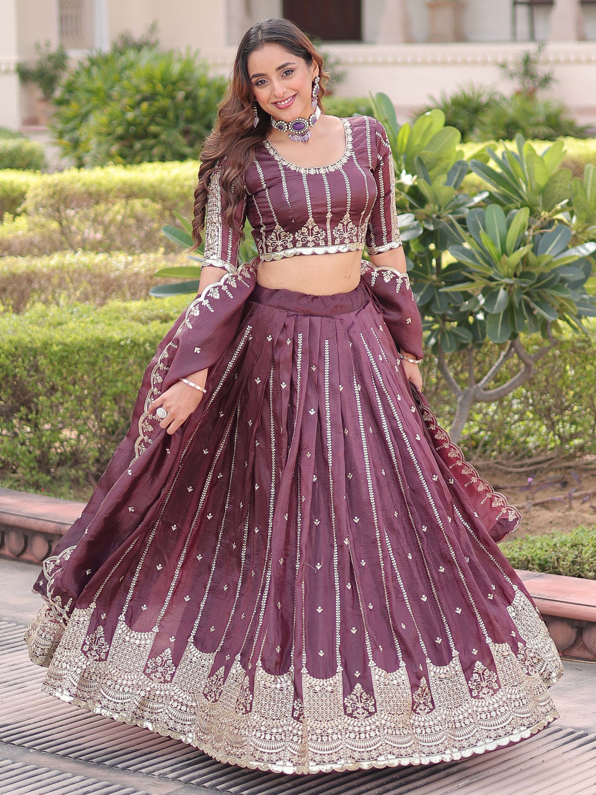 Adorable Brown Sequins Embroidered Crushed Wedding Wear Lehenga With Blouse