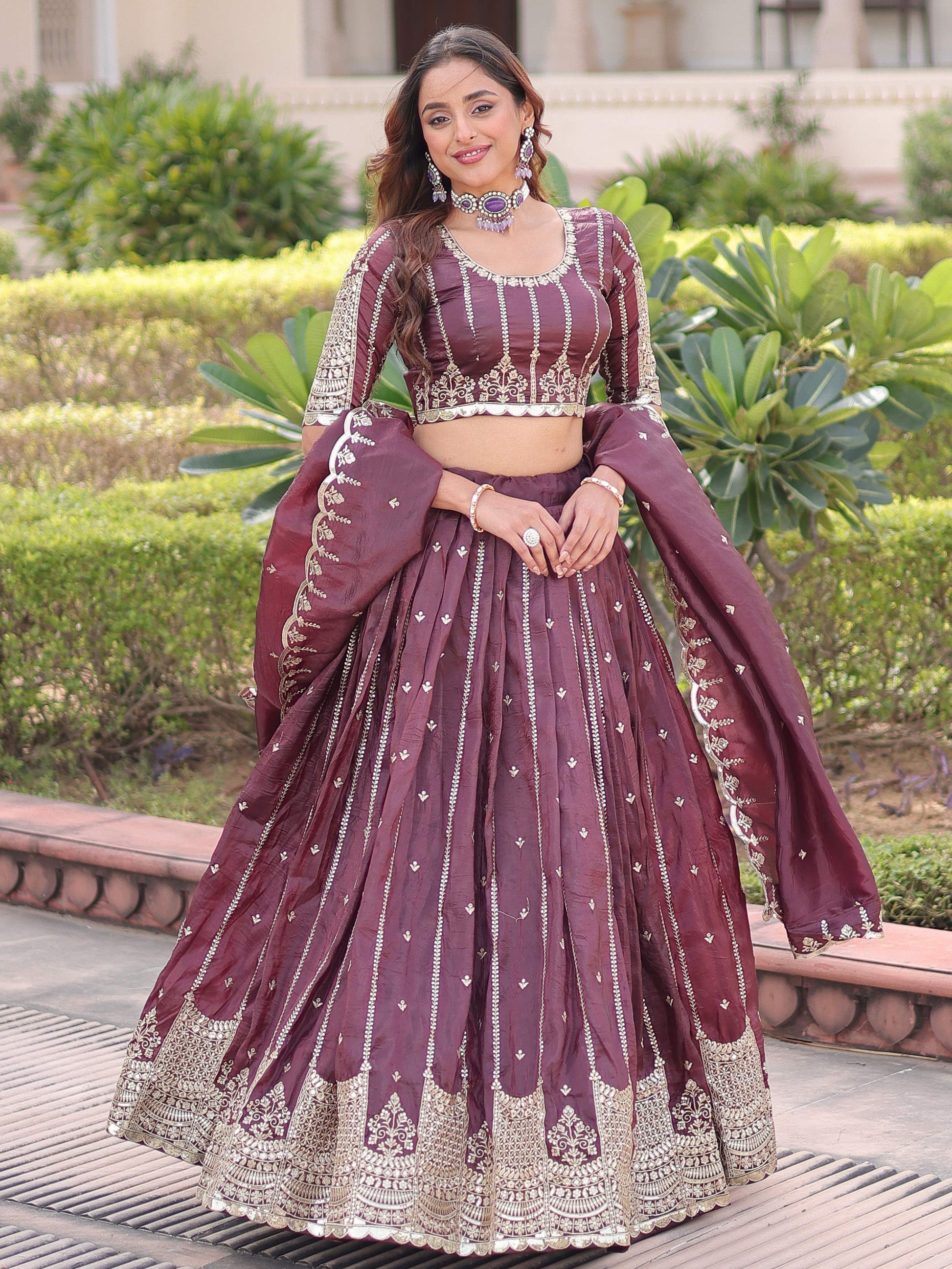 Adorable Brown Sequins Embroidered Crushed Wedding Wear Lehenga With Blouse
