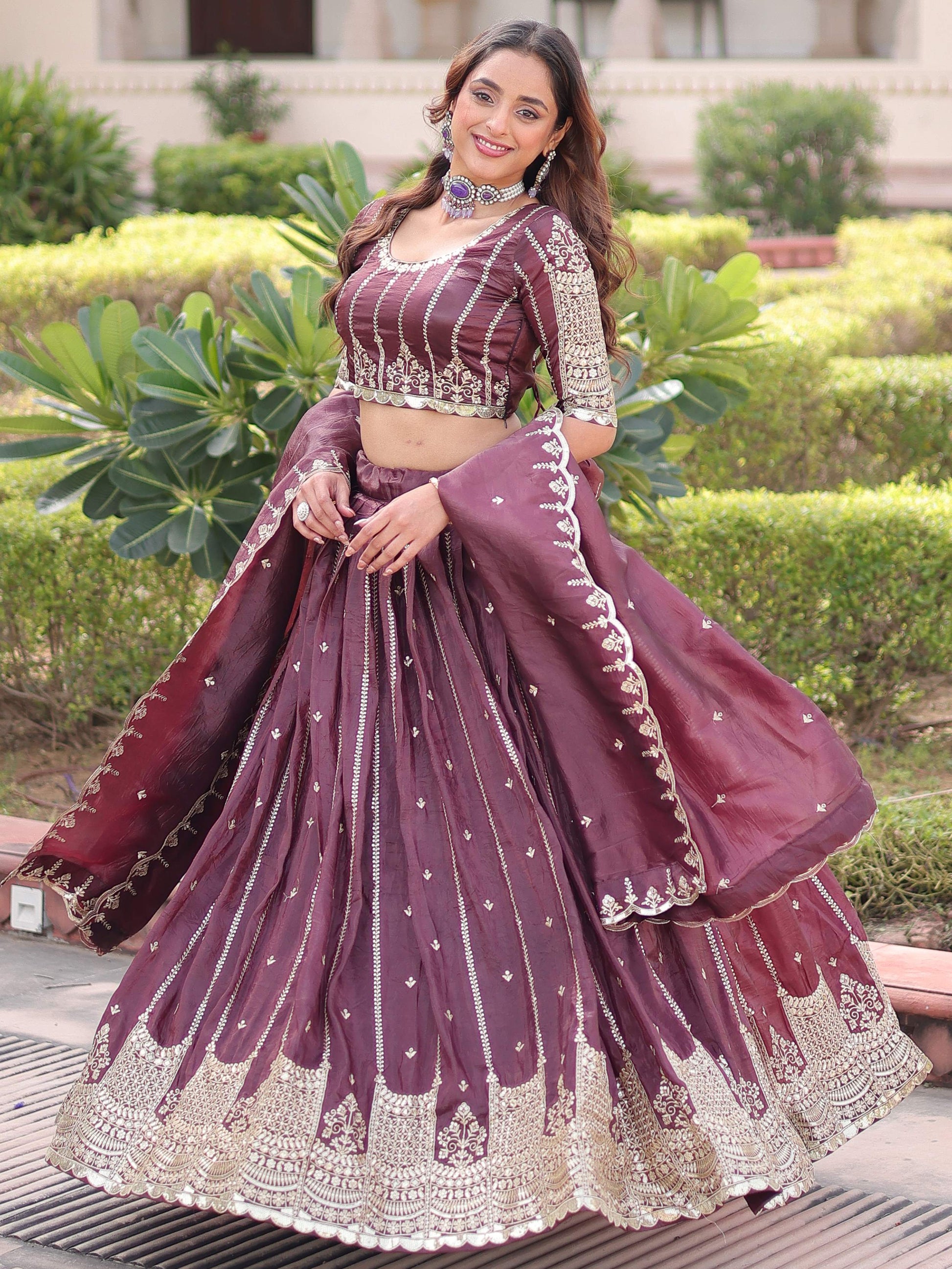Adorable Brown Sequins Embroidered Crushed Wedding Wear Lehenga With Blouse