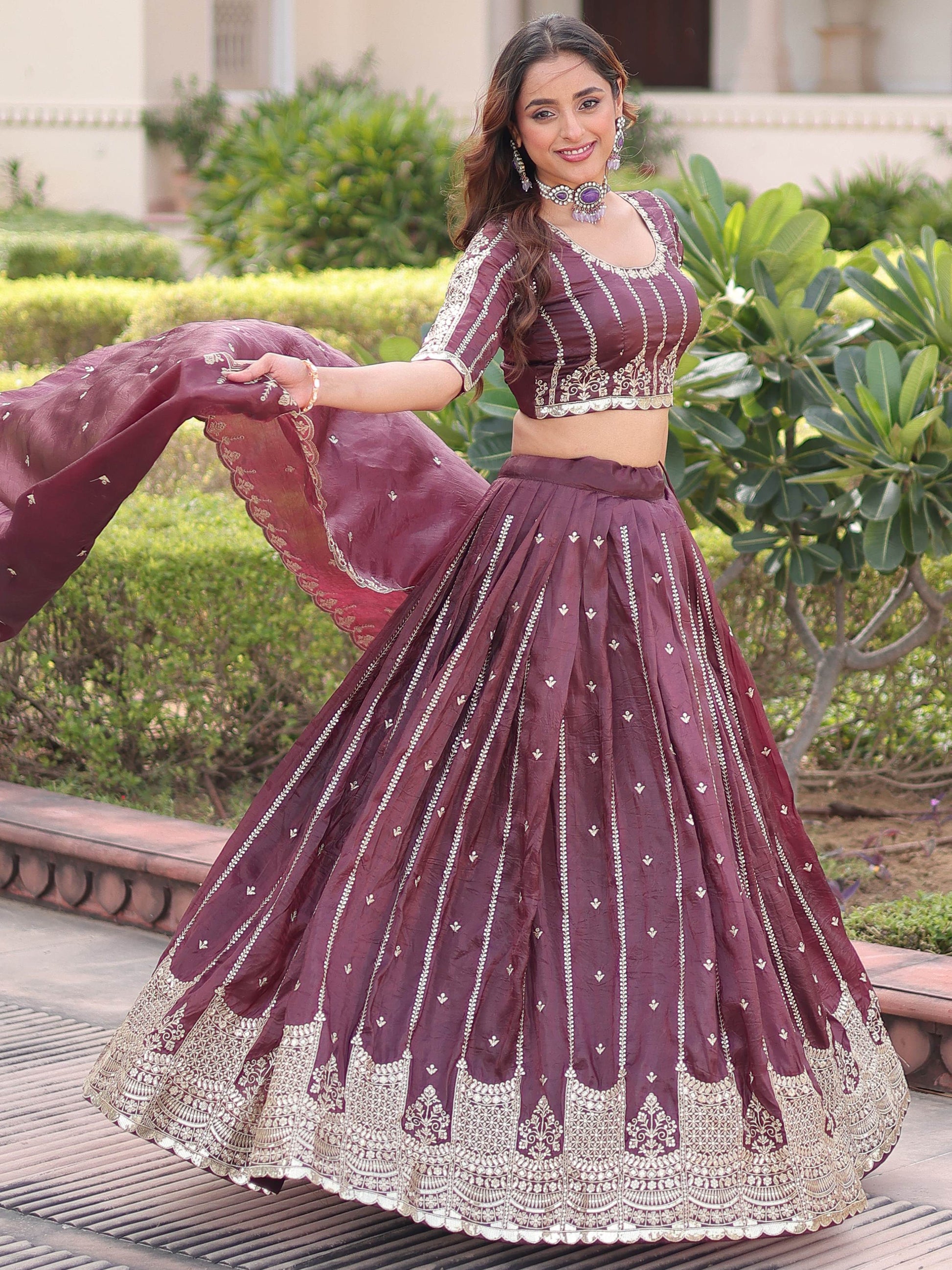 Adorable Brown Sequins Embroidered Crushed Wedding Wear Lehenga With Blouse