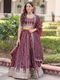 Adorable Brown Sequins Embroidered Crushed Wedding Wear Lehenga With Blouse