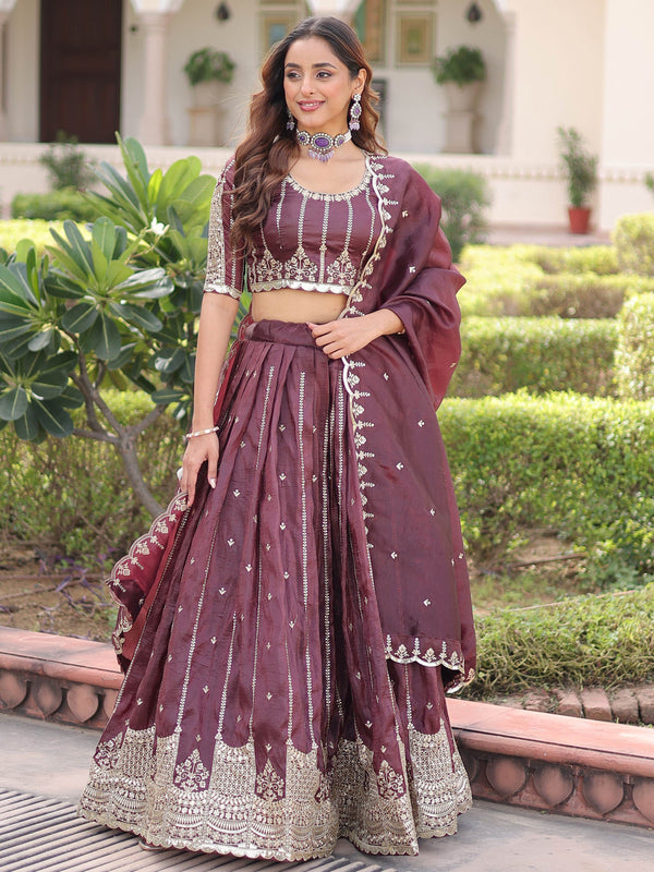Adorable Brown Sequins Embroidered Crushed Wedding Wear Lehenga With Blouse