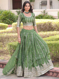 Awesome Green Zari Embroidered Crushed Mehendi Wear Lehenga Choli With Dupatta