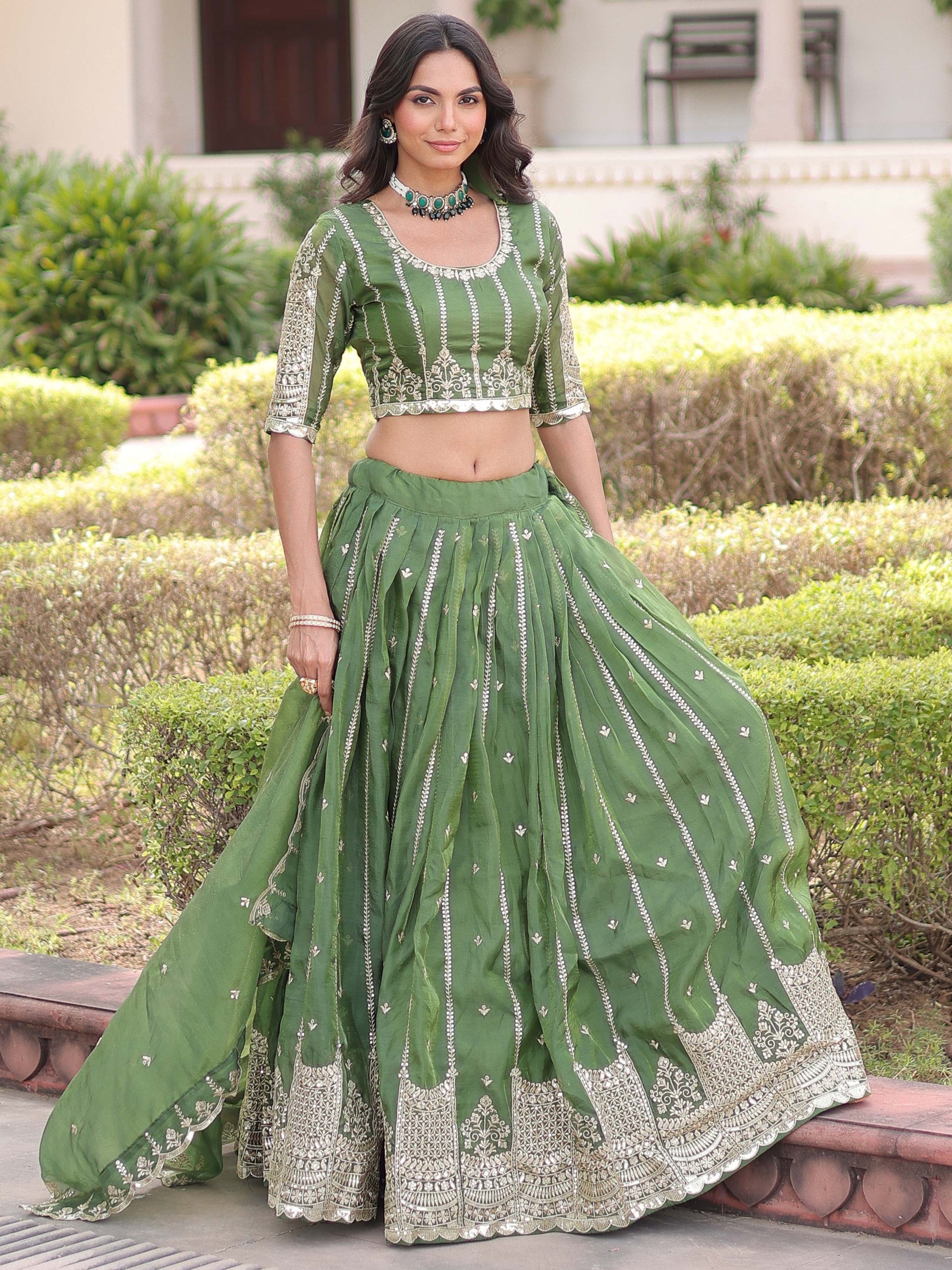 Awesome Green Zari Embroidered Crushed Mehendi Wear Lehenga Choli With Dupatta