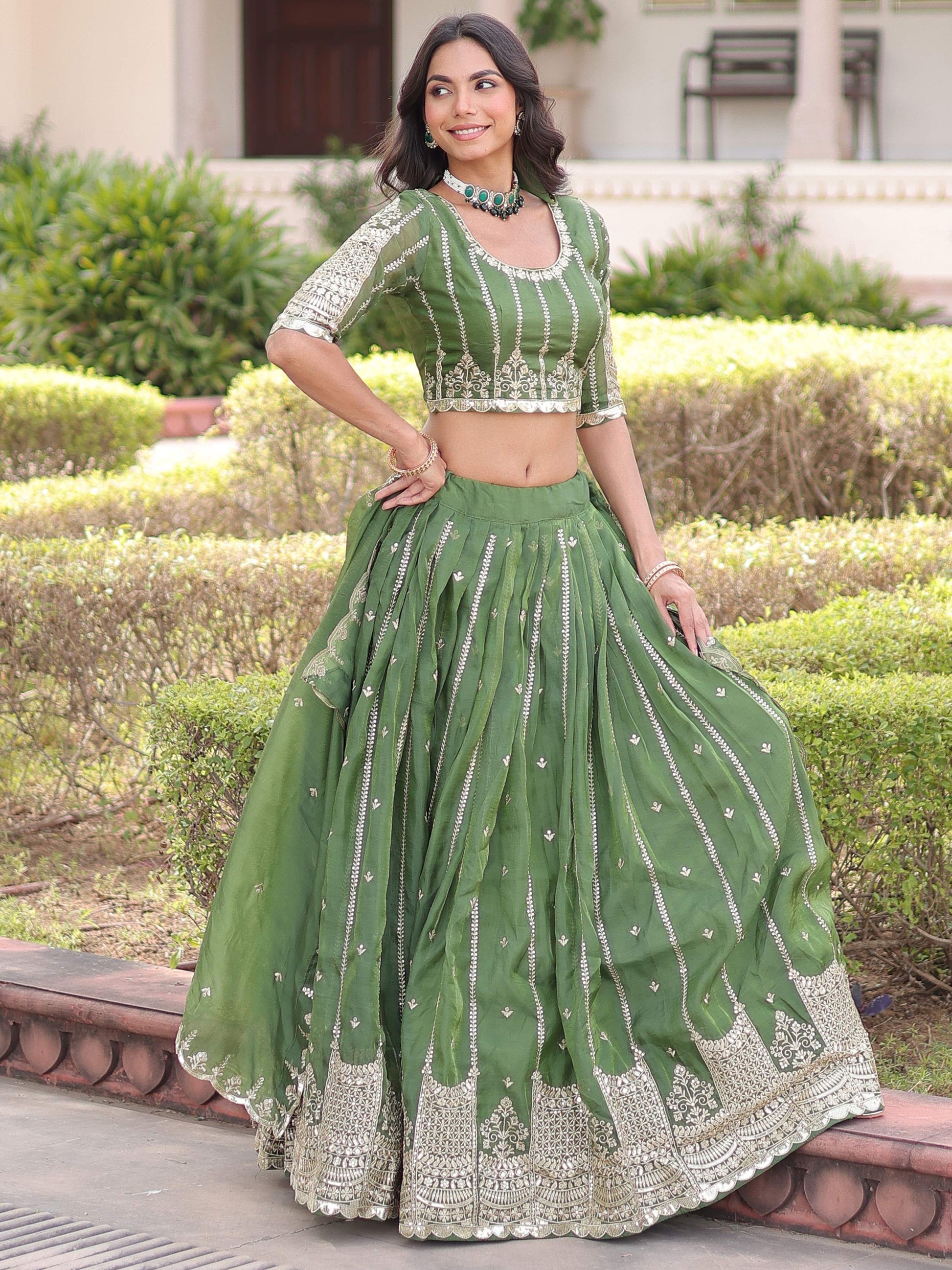Awesome Green Zari Embroidered Crushed Mehendi Wear Lehenga Choli With Dupatta