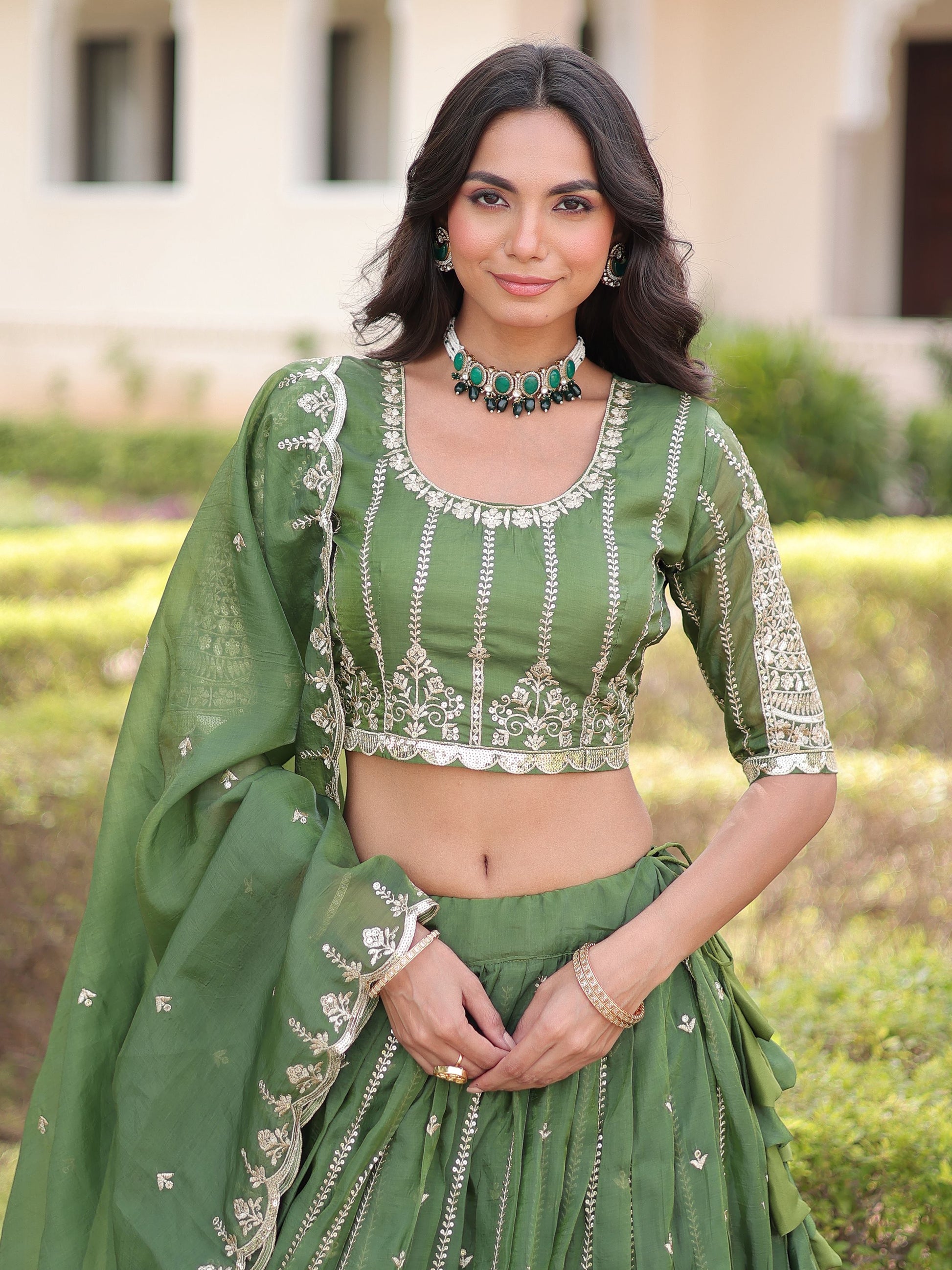 Awesome Green Zari Embroidered Crushed Mehendi Wear Lehenga Choli With Dupatta