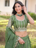 Awesome Green Zari Embroidered Crushed Mehendi Wear Lehenga Choli With Dupatta